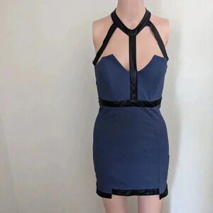 Tobi Sexy Halter Neck Mini Dress Blue Black Bodycon clubwear Medium Baddie